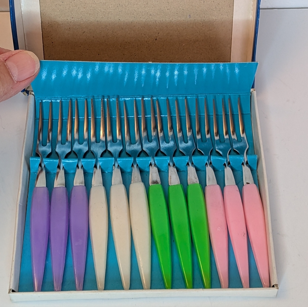 Vintage Little Colorful Party Cocktail Forks Boxed Set of 12 MCM